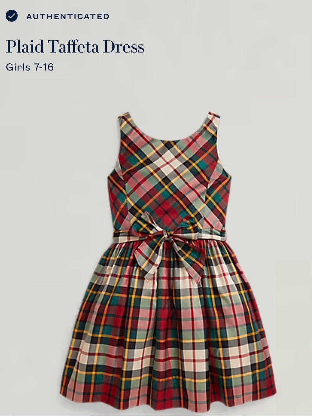 Polo by Ralph Lauren Girls' Red Green Cream Plaid Taffeta Dress with Waist Bow